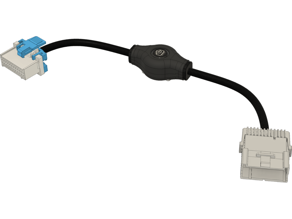 An extension harness with black sheathing, a black housing in the middle that houses a momentary switch, featuring a mating connector for BenchForce™ PowerBlock on one end and a mating connector for BenchForce™ harnesses on the other, shown on a transparent background.